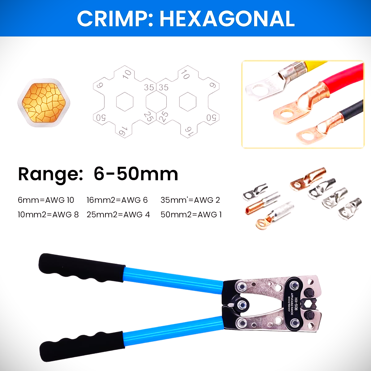 Battery Cable Lug Crimping Tool for AWG 10-1 Copper Wire Lugs with 60 Pcs 8 Sizes Battery Cable Lug Crimping Tool for AWG 10-1 Copper Wire Lugs with 60 Pcs 8 Sizes